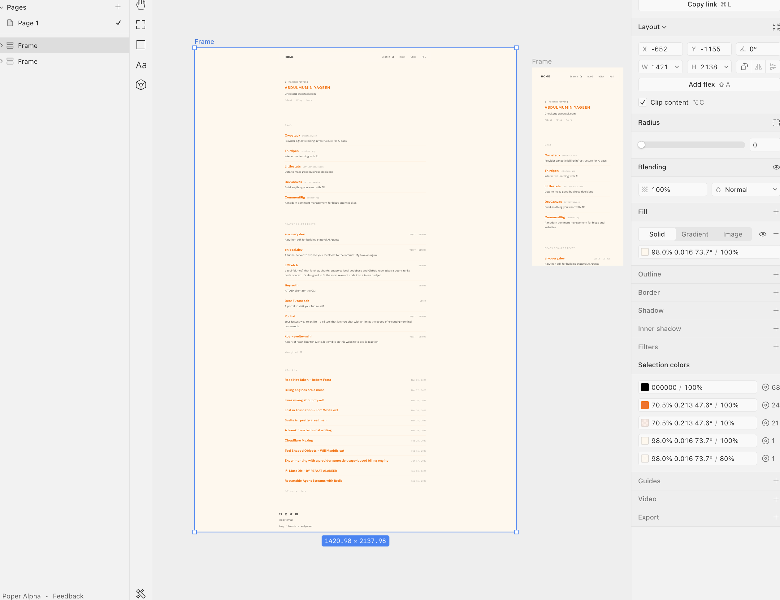 my portfolio in paper.design with paper snapshot extension 