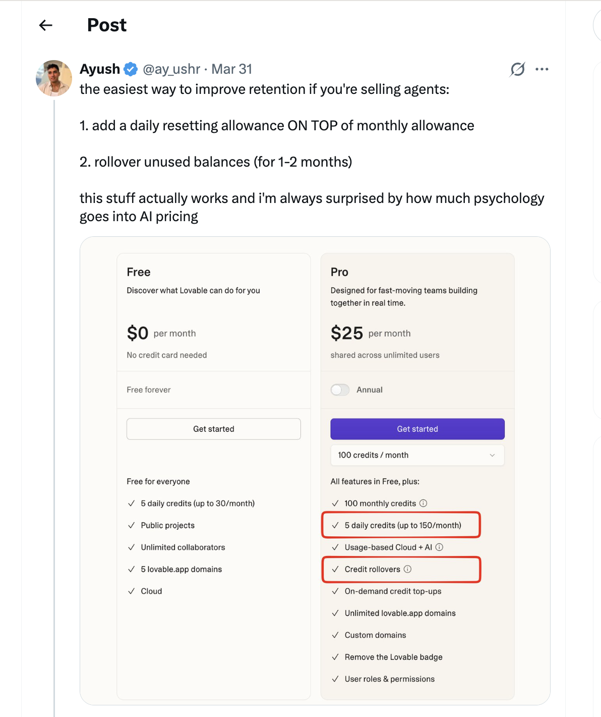 Tweet about improving retention for AI agents with a daily allowance on top of monthly allowance and rollover balances